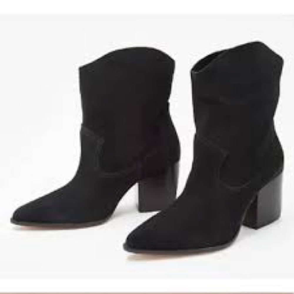 Schutz Tessie black leather suede boots block heel trendy western women size 7.5